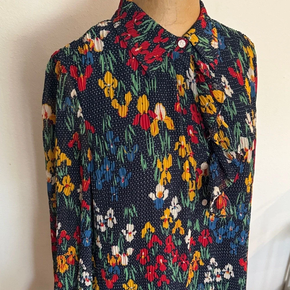Tory Burch sz 4 Navy Floral Long Sleeve Dress with Ruffle Collar great condition - Picture 4 of 11